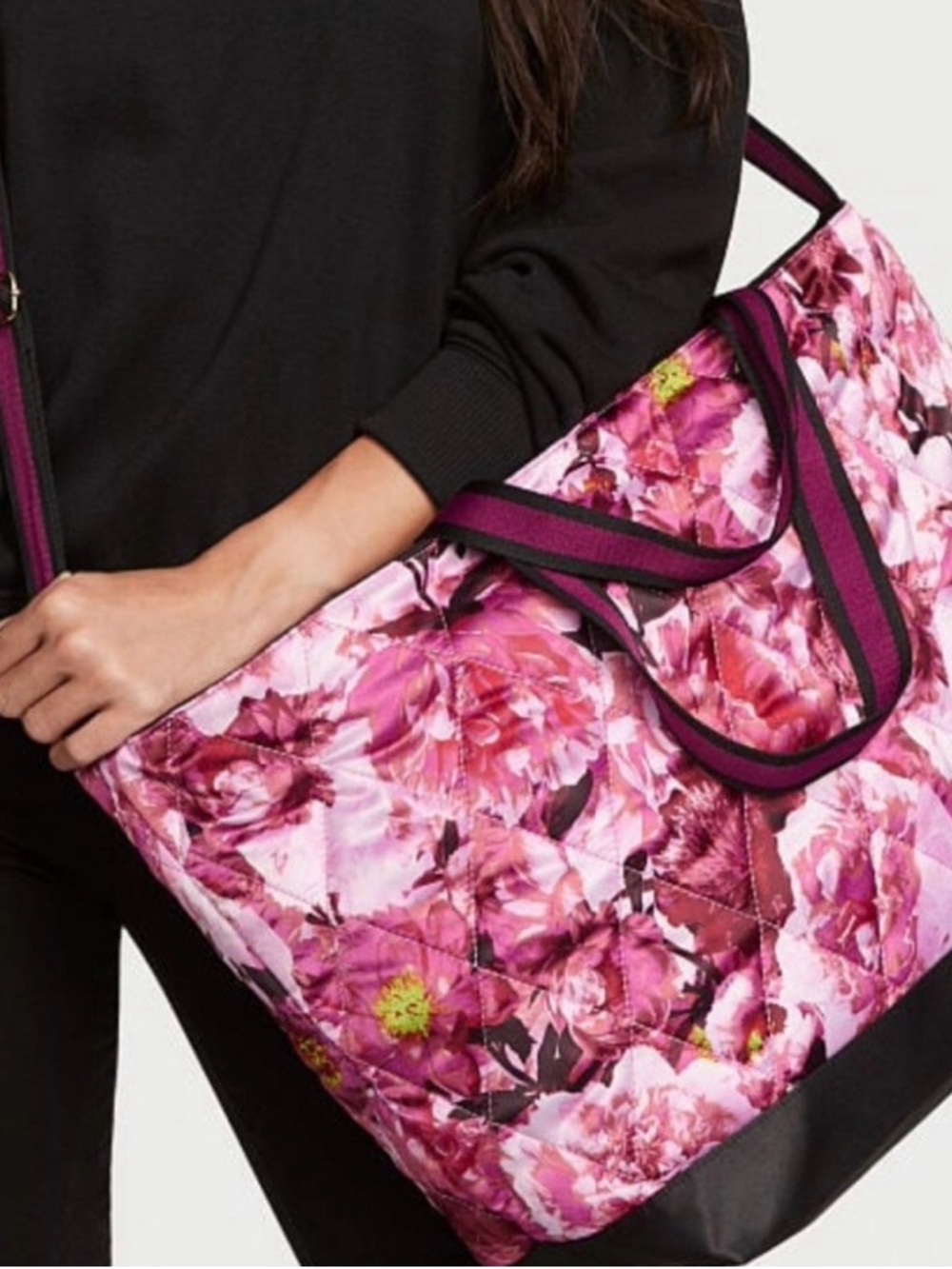 Victoria's Secret Pink Floral Quilted Tote with Black Trim